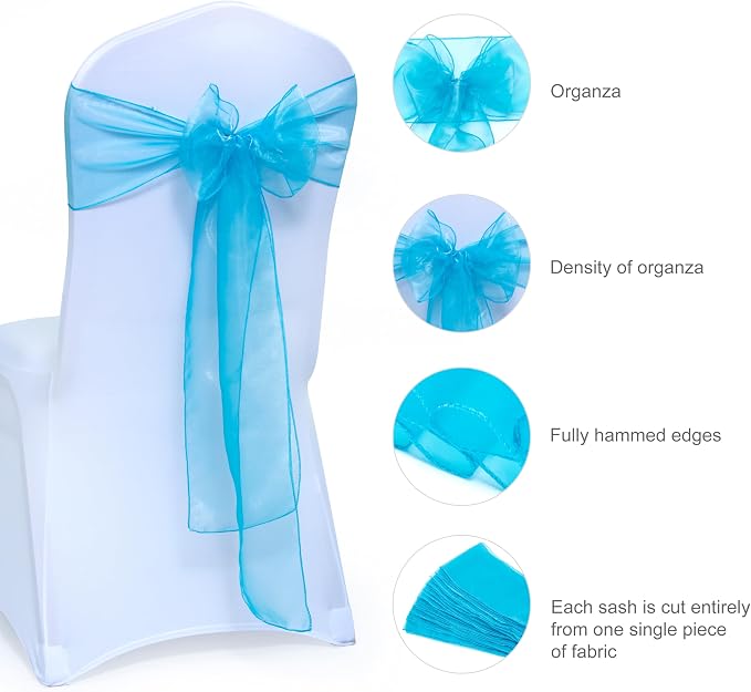 MDS® Pack of 300 Organza Chair Sashes for Wedding Decoration, Reusable Sheer Chair Bows for Banquet Chair Cover, Reception, Bridal Shower, Baby Shower, Birthday Party & Special Events - Light Teal