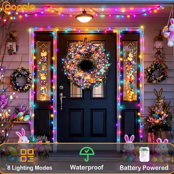 Pooqla 4 Pack String Lights Battery Operated, Total 66.6ft 200 LED Fairy Lights Indoor Outdoor Decorations, 8 Modes Battery Colorful Pastel Easter Lights for Bedroom Classroom Porch Party Yard Decor