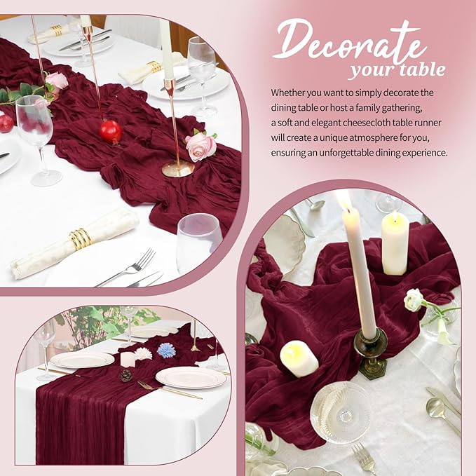 10 Pack Cheesecloth Table Runner Burgundy, Rustic Boho Gauze Fabric Table Runner Romantic Table Runner for Wedding, Festival, Birthday, Anniversary, Dinner and Outdoor Events (17.7 x 108 inch)