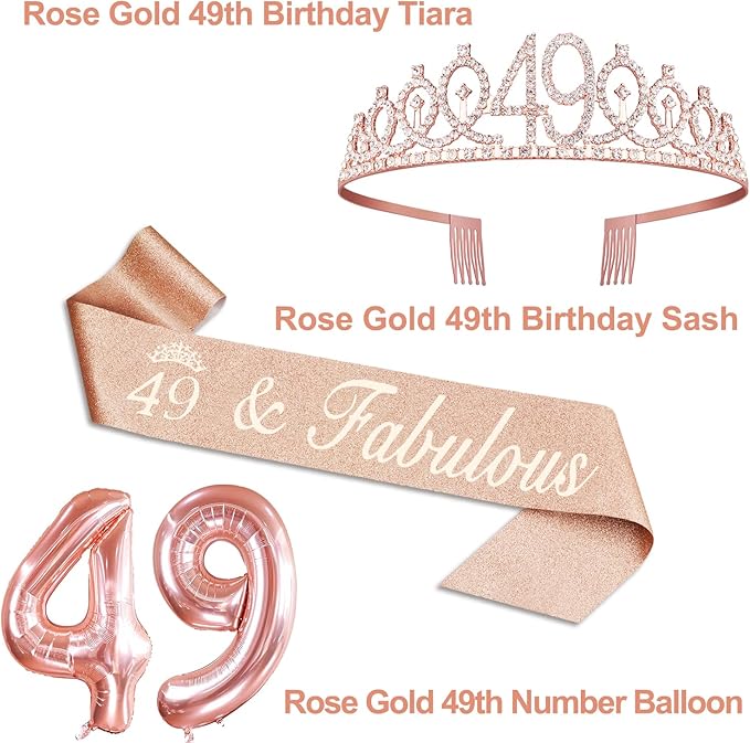 49th Birthday Decorations for Women with 49th Birthday Sash and Tiara, Cake Topper and Candles, Number Balloons, 49 Year Old Gifts for Women