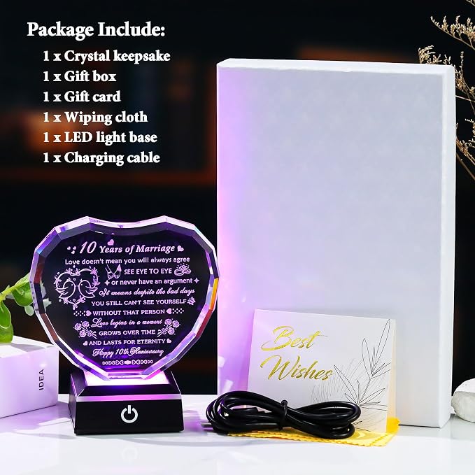 Arikyrist 10th Wedding Anniversary Crystal Heart Gifts for Couple, Laser Engraved Happy 10th Anniversary Crystal Gifts for Wife Husband, Romantic 10 Years of Marriage Gift for Him Her Friends
