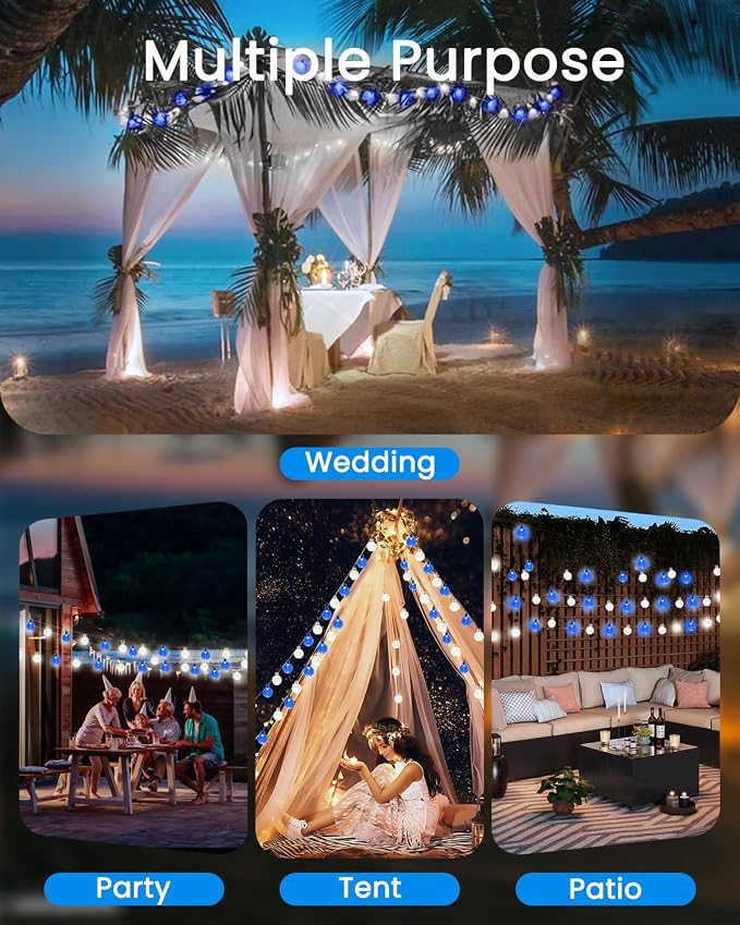 2-Pack 64FT 100 LED Blue and White Crystal Globe Solar String Lights Outdoor, Waterproof Solar Powered Lights for Outside, 8 Lighting Modes Patio Decorations for Garden Yard Wedding Porch Party Tree