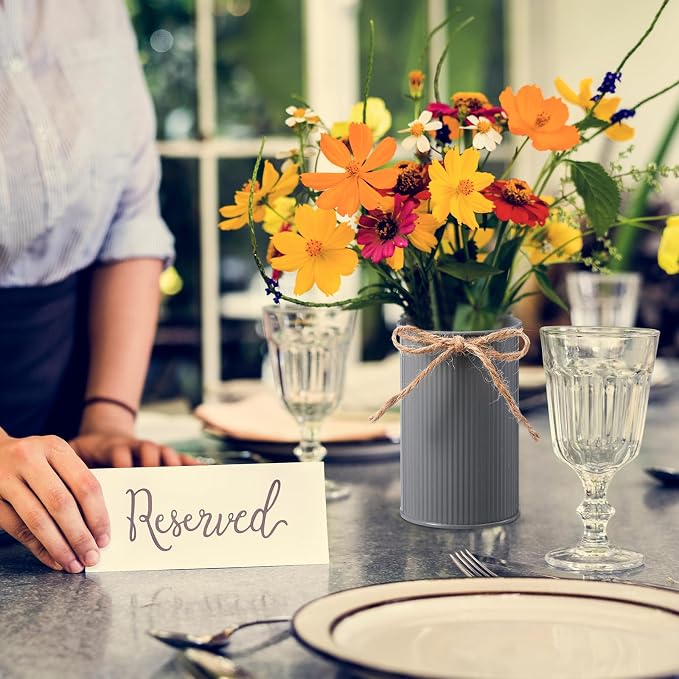 Rustic Vase for Table Centerpieces 4.33 Inch Small Petite Flower Vase with Twine Bow Vintage Farmhouse Decor for Wedding Reception Dining, Home Galvanized Metal Buckets(Gray,12 Pcs)