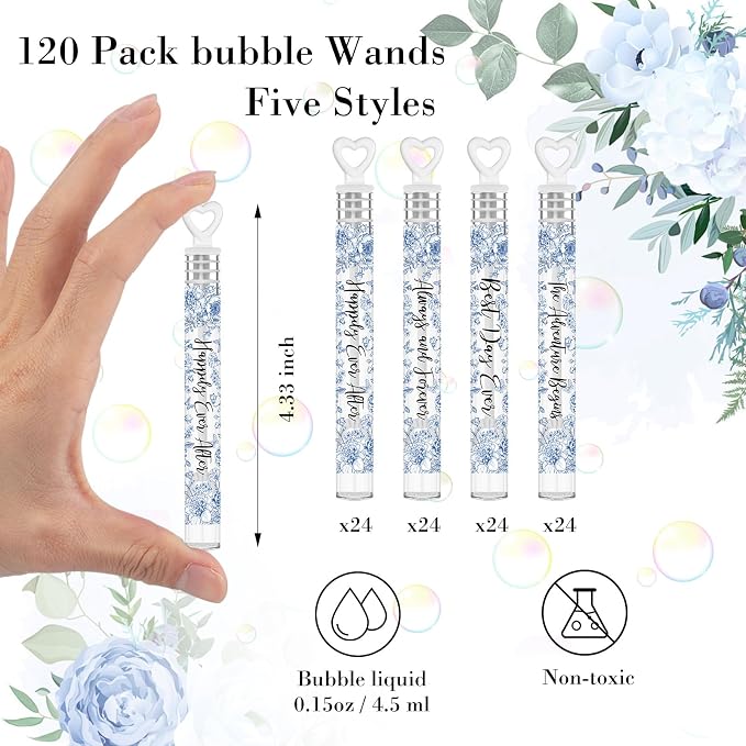 Hollowfly 120 Pack Blue Flower Wedding Mini Bubble Wands for a Wedding Bulk White Heart Bubble for Guests Send Off Wand Adults Bridal Exit Shower Party Supplies Valentine Anniversaries Celebration