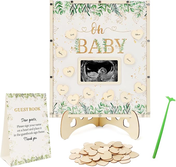 Sage Green Baby Shower Decorations, Guest Book Alternatives with Four Leaf Clover Pen, 60 Heart Wood Slices for 60 Guests, Boy or Girl Gender Reveal Decorations