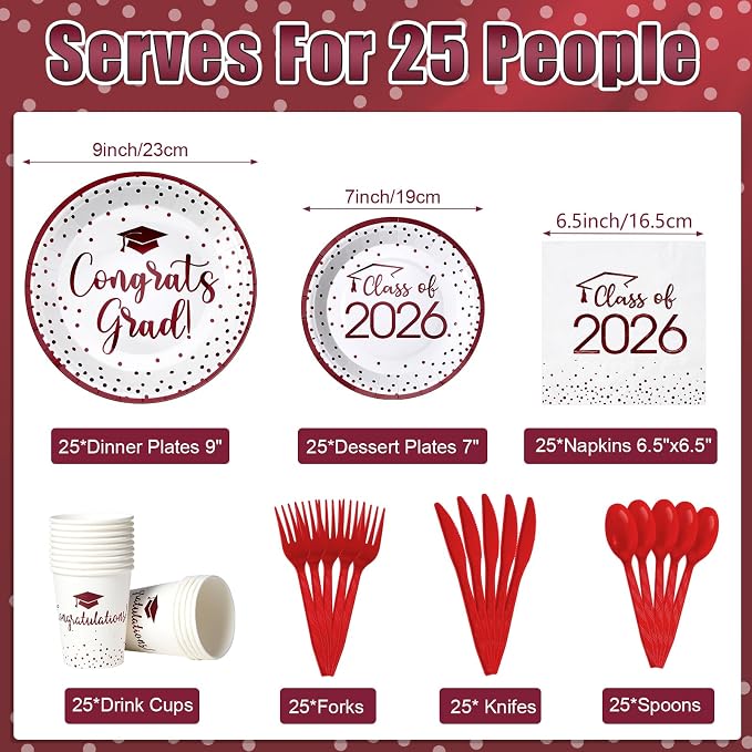 175pcs Class of 2026 Graduation Plates and Napkins Set, Disposable Paper Plate Set Polka Dots Napkin Cups Knife Fork Spoon for Graduation Party Decorations and Supplies,Serve 25 (White Maroon)