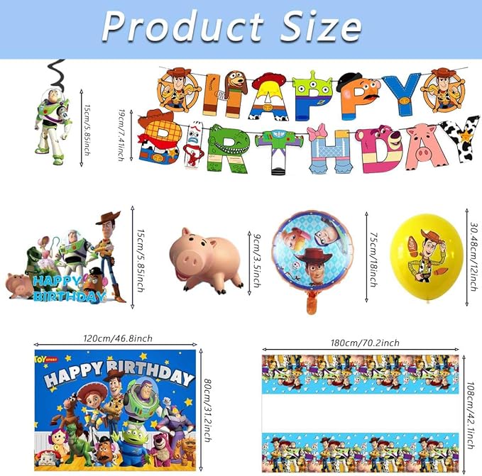 48PCS Toy Story Birthday Party Supplies Set, Including Happy Birthday Banner, Backdrop, Swirl Decorations, Balloons, Cake Topper, Cupcake Toppers, Tablecloth