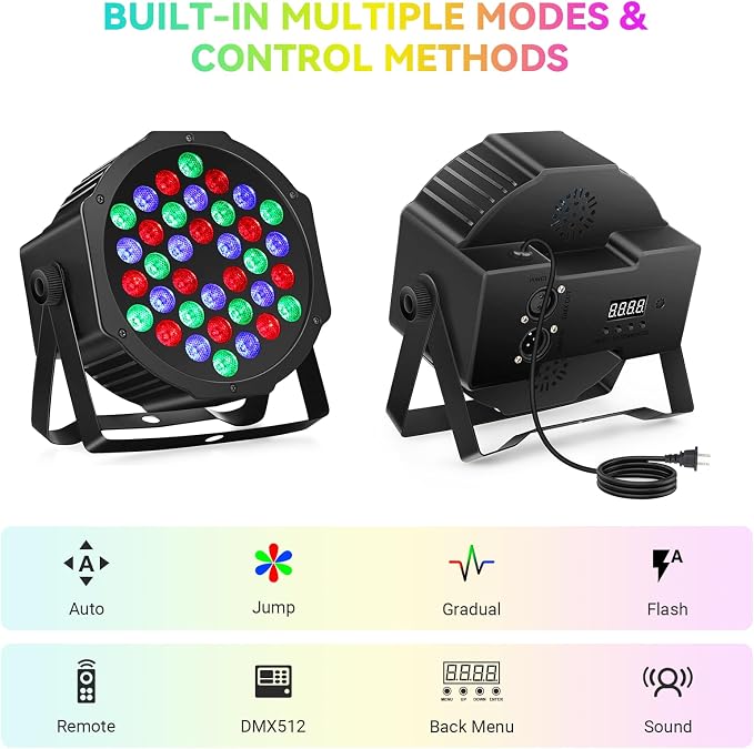 36LEDs RGB Stage Lights 4Pack: 36W Par Light- Remote & DMX Control - Sound Activated Corded Electric Uplights for Events Wedding Party Club Band Music Dance DJ Live Show Church Lighting