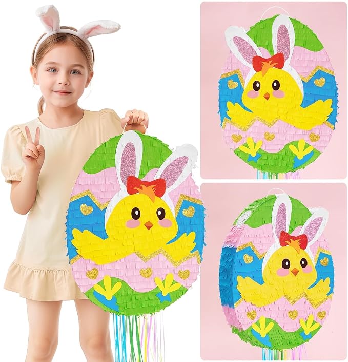 WERNNSAI Easter Egg Piñata - Easter Bunny Piñata with Blindfold and Stick Cute Chick in Egg for Party Decoration Supplies for Birthday Decoration School Spring Party Game