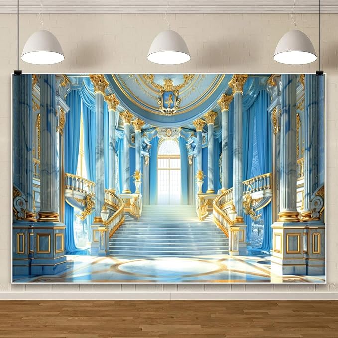 Laeacco 7x5ft Blue Gold Palace Interior Backdrop Sky Blue and Golden Staircase Columns Luxurious Castle Hall Photography Background for Birthday Wedding Bridal Baby Shower Party Photo Booth Props