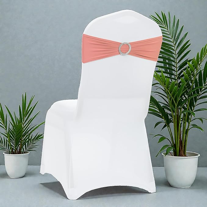 VDS - Coral Peach | Spandex Chair Sashes Bows | 125 PCS | Stretch Elastic Banquet Universal Folding Chair Band Tie with Silver Buckle Slider for Wedding Party Conference Celebration Event Decoration
