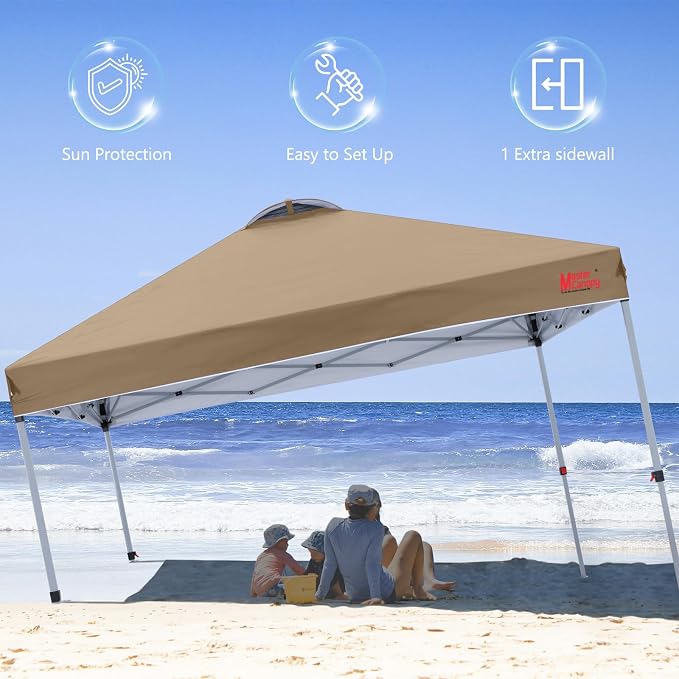 MASTERCANOPY 6.6x6.6 Pop Up Canopy Tent with 1 Sidewall, 1 Person Setup Instant Shelter, Outdoor Portable Beach Canopy, 1 Roller Bag, 4 Sandbags, 4 Ropes, 8 Stakes (6.6x6.6, Khaki)