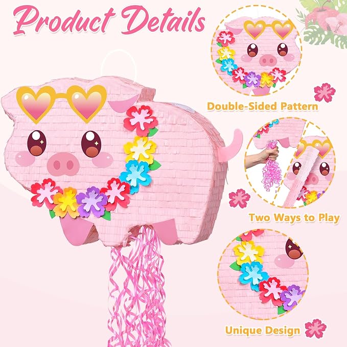 WERNNSAI Pig Piñata - Farm Party Decorations Hawaiian Pig Piñata with Blindfold and Stick for Summer Birthday Decorations Summer Tropical Birthday Party Luau Carnival Supplies