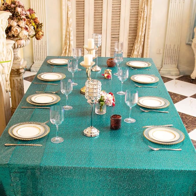 Juya Delight 90" x 132" Teal Sequin Rectangle Tablecloth for Wedding Birthday Party Festival Ceremony Cake Dessert Table