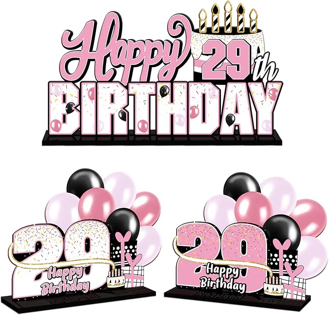 LINGTEER Happy 29th Birthday Pink Acrylic Table Topper Centerpieces Set - Cheers to 29 Years Old Birthday 29th Bday Party Gift Decorations.