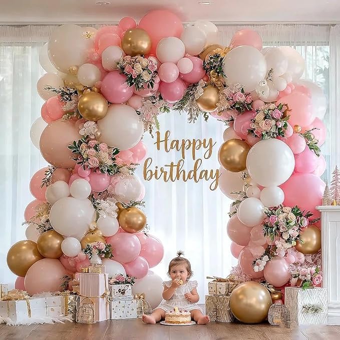 Pink White Gold Balloon Garland, Double Stuffed Pastel Light Pink Cream White Balloon Arch Kit for Baby Shower Birthday Bridal Wedding Mother's Day Party Decorations
