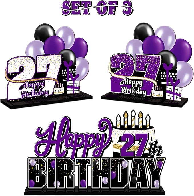 LINGTEER Happy 27th Birthday Purple Acrylic Table Topper Centerpieces Set - Cheers to 27 Years Old Birthday 27th Bday Party Gift Decorations.