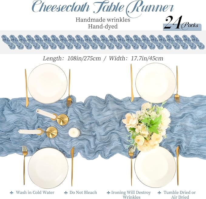24 Packs Dusty Blue Table Runner, Charming Cheesecloth Table Runner 17 x 108inch, Gauze Boho Wedding Decoration Rustic Sheer Fabric Cheese Cloth Table Runners for Wedding Party Bridal Shower