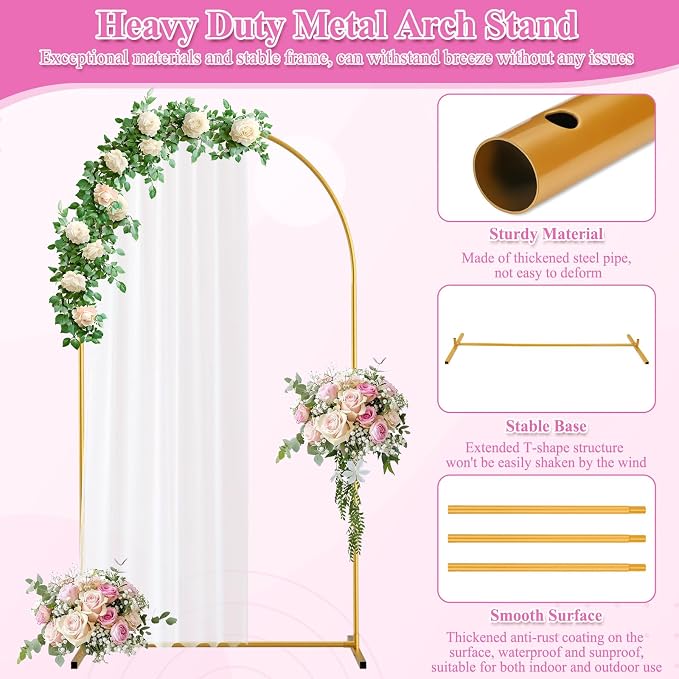 Jupwalz Arch Backdrop Stand and Cover Set, Metal Arch Stand with Rich Balloon Tool for Wedding Birthday Baby Shower Graduation Event Balloon Flowers Decor, Easy to Assemble (7.2FT & 6FT, White)