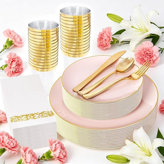 YOUBET 175PCS Pink Plastic Plates - Pink and Gold Disposable Plates Include 50 Plastic Plate, 75 Silverware, 25 Cups, 25 Napkins for Wedding & Party & Birthday Mothers Day