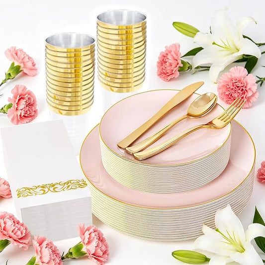 YOUBET 175PCS Pink Plastic Plates - Pink and Gold Disposable Plates Include 50 Plastic Plate, 75 Silverware, 25 Cups, 25 Napkins for Wedding & Party & Birthday Mothers Day