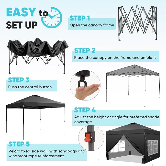 GDY 10x10 Pop Up Canopy Tent with 4 Sidewalls, Easy Set up with One Push Lift Outdoor Silver Coated Beach Gazebos, Carpas with 4 Sandbags, for Events, Parties,Camping, Black.