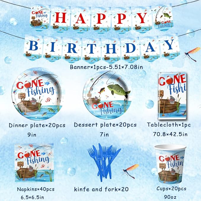 142 Pcs Gone Fishing Tableware,Fishing Birthday Party Decoration Little Fisherman Gone Fishing Themed Disposable Tablecloth,Plates,Napkins Cups Forks and Knives Supplies of Fishing Birthday Party