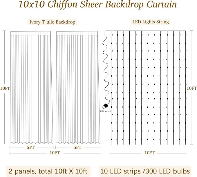 10ft x 10ft Beige Chiffon Backdrop Curtain with Lights String for Parties,2 Panels Sheer Chiffon Curtain Wedding Backdrop with Lights for Baby Shower Birthday Party Ceremony Reception Home Decorations