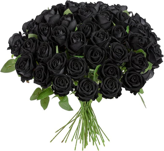 Artificial Flowers Roses Touch Fake Rose Bouquet Flower Stem for Wedding Centerpieces DIY Wreath Home Decorations Silk Roses Mothers Party Fake Outdoor Flowers Decor 19.6"(Black 50PCS)