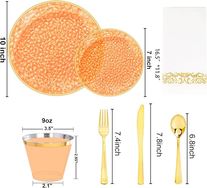 Rubtlamp 175 Pcs Plastic Dinnerware Set (25 Guests), Orange And Gold Plastic Plates, Hammered Party Plates Set Include Dinner Plates, Dessert Plates, Cups&Cutlery Set And Napkins for Wedding And Party