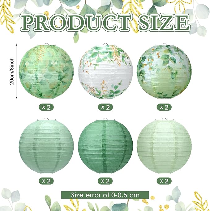 Panelee 12 Pcs Sage Green Eucalyptus Leaf Party Decorations Paper Lanterns 8 Inch Hanging Round Paper Party Decorations for Holiday Indoor Outdoor Supplies