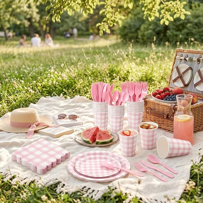 LINHAXM 175 PCS Pink Gingham Party Supplies, Pink Gingham Paper Plates, Cups, Napkins, Cutlery Pink Party Decorations for Bridal, Wedding, Birthday Party, Outdoor Picnic, Serves 25