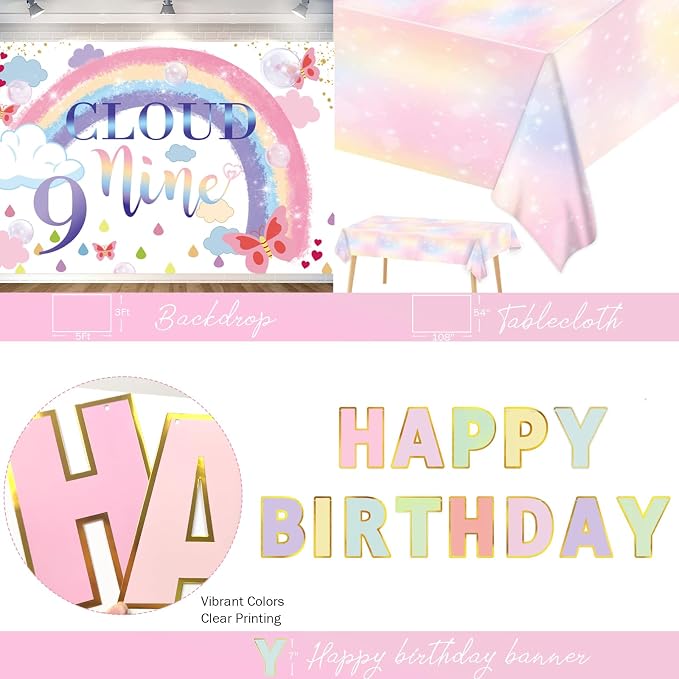 on Cloud 9 Birthday Decorations for Girl – 124 PCs Cloud Themed Nine Birthday Party Supplies with Backdrop, Balloon Garland, Banner, Tablecloth, Cake Topper, Cupcake Topper