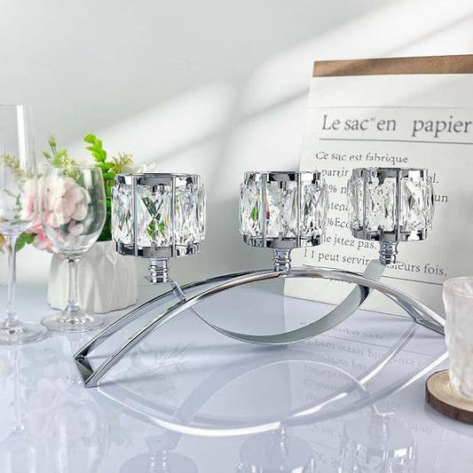 3 Arms Crystal Candle Holders, Arch Candlestick Table Candelabras Centerpieces for Wedding, Dinning Room, Cabinet Ornaments, Home Decoration， Gift (3-arm Arched, Silver)