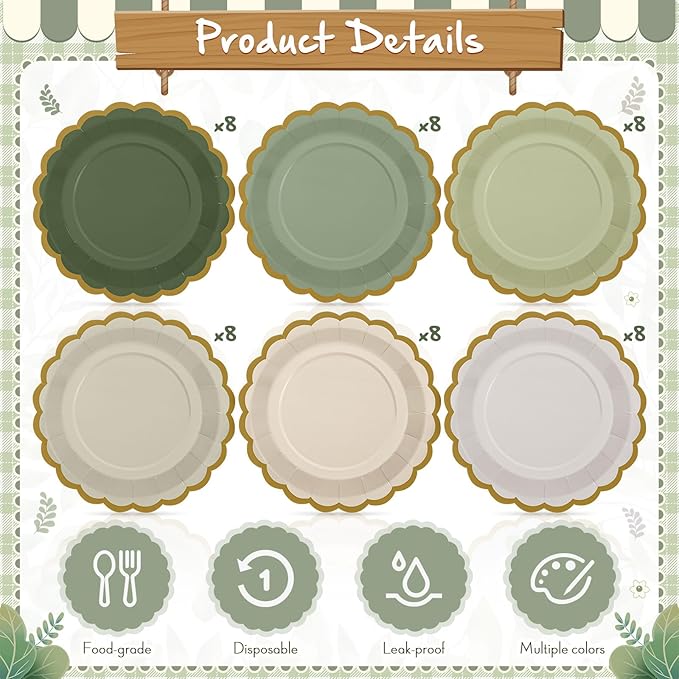 48 Pcs Sage Green Paper Plates 9 Inch Gradient Scalloped Paper Disposable Dinner Dessert Plates for Birthday Wedding Bridal Party Supplies, 6 Colors