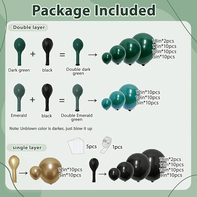 Green Black Gold Balloon Arch Kit - 119 PCs Double Stuffed Emerald Dark Green and Black Metallic Glod Balloons Arch for Wedding Graduation Birthday Jungle Prom Party Decorations
