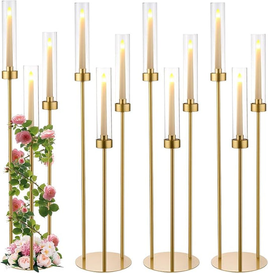 4pcs Gold Candelabra Centerpieces for Wedding Tables, 33.8'' Tall 3 Arm Candle Holder with Acrylic Lampshade for Wedding, Party, Events, Christmas & Halloween Home Decor, Fit LED Taper Candles