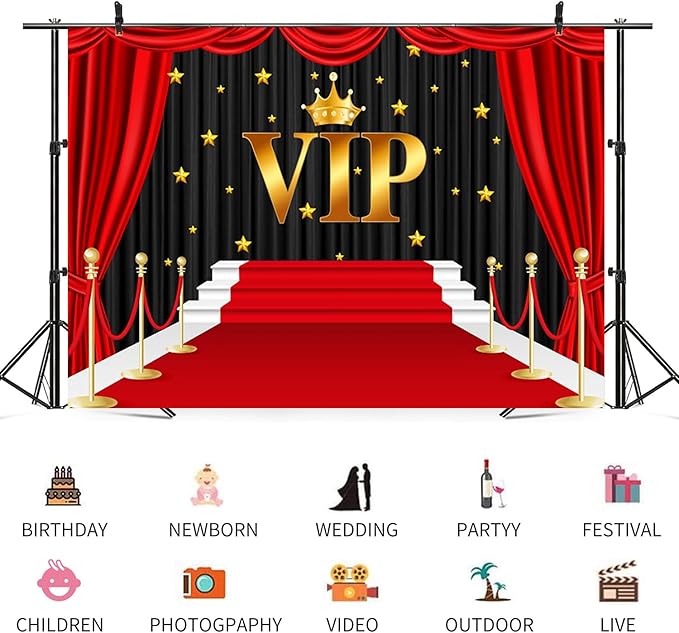 12x10ft VIP Backdrop Red Carpet Gold Crown Photography Background Golden Stars Film Night Music Party Banner Decorations Boys Girls Kids Birthday Parties Newborn Baby Shower Photo Booth Prop