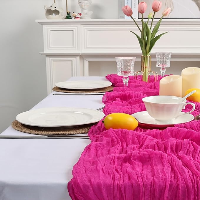 16 Pack Hot Pink Cheesecloth Table Runner 10ft Boho Gauze Fabric 120 Inch Cheese Cloth Table Runner Rustic Sheer for Holiday Baby Shower Party Décor Home Wedding Decoration