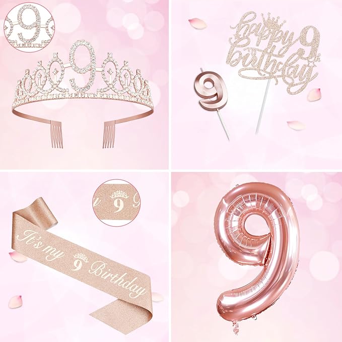 9th Birthday Decorations for Girls, Including 9th Birthday Sash and Tiara, Cake Topper and Candle, Number Balloon, 9 Year Old Girl Gifts