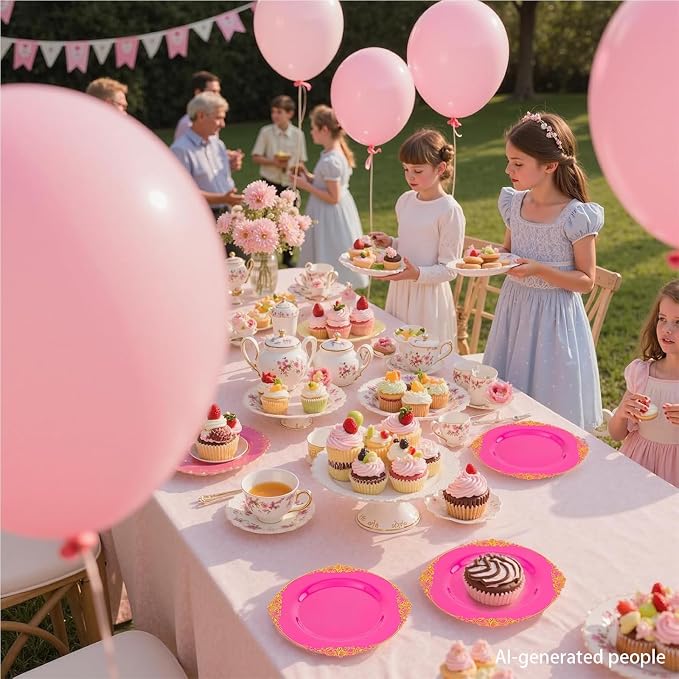 125PCS Hot Pink Plastic Plates - Pink Disposable Plate - Elegant Party Plates with Gold Plastic Silverware Sets for 25 Guests for Wedding & Birthday Party & Baby Shower