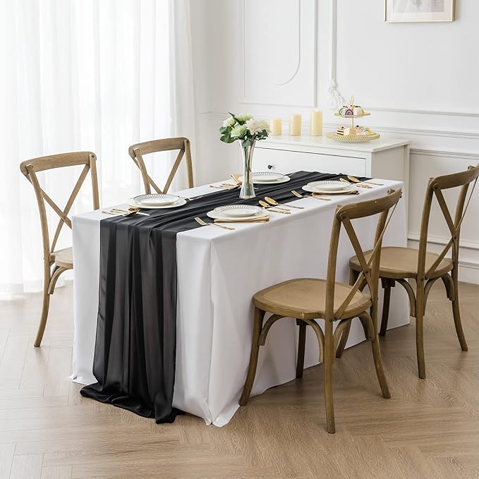12Pack 9ft Chiffon Table Runner 14x108 Inch Sheer Romantic Table Runner for Wedding Birthday Party Bridal Shower Outdoor Decoration-Black