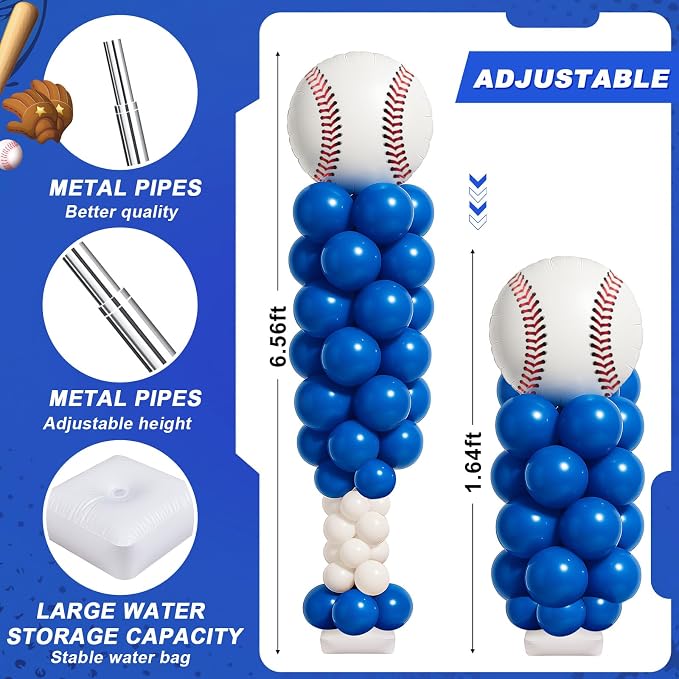Gejoy 2 Sets Baseball Balloon Column Stand Kit with 253 Baseball Latex Balloons 7 Cards 6.5 ft Adjustable Towers Kit for Sports Theme Party Team Celebration Tournament