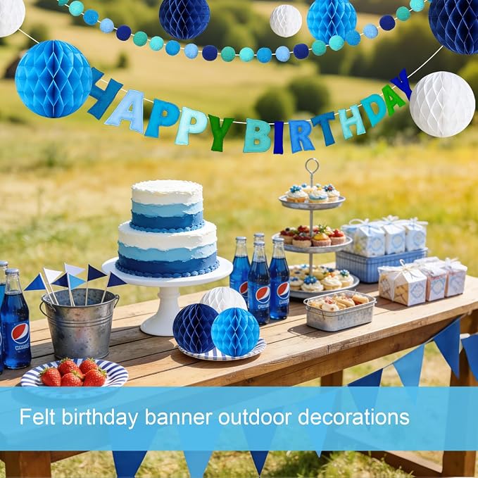 Pre-Strung Happy Birthday Decor Blue, 3D Felt Birthday Banners Poms Pom Fabric Party Garland, Felt Pennant Flat, with 10PCS Honeycomb Balls, Blue Reusable Party Celebration Decorations