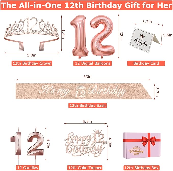 12th Birthday Decorations for Girls, Including 12th Birthday Sash and Tiara, Cake Topper and Candles, Number Balloons, 12 Year Old Gifts for Girls