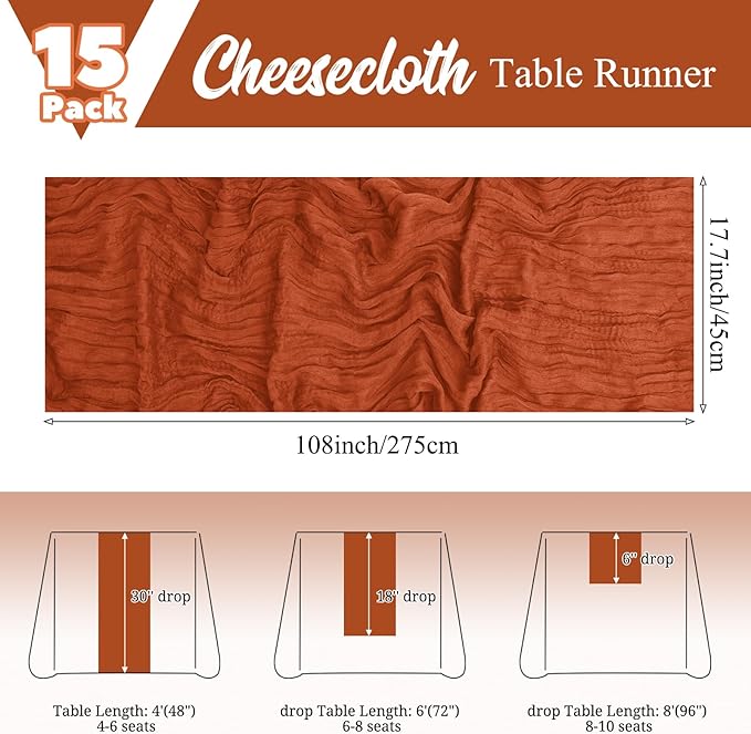 15 Pack Terracotta Fall Table Runner 17 x 108inch Cheesecloth Table Runner Boho Gauze Table Runners Rustic Sheer Fabric Cheese Cloth Table Runners for Wedding Party Bridal Shower Farmhouse Home Decor