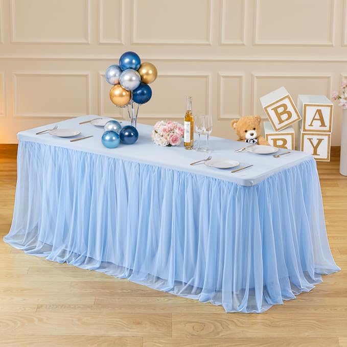 2 Pack 8ft Baby Blue Tulle Tablecloths for Rectangle Tables, 8 Foot Rectangular Table Cloth Wrinkle Free Table Cover with Tutu Skirt for Baby Shower Boy Birthday Party Banquet Buffet Cake