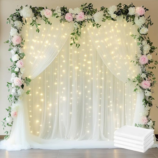 Fomcet Tulle Curtains with Lights String Ivory 20FT X 10FT Sheer Backdrop Curtains for Parties Wedding Baby Shower Photo Shoot Decorations (4 Panels 5x10FT)
