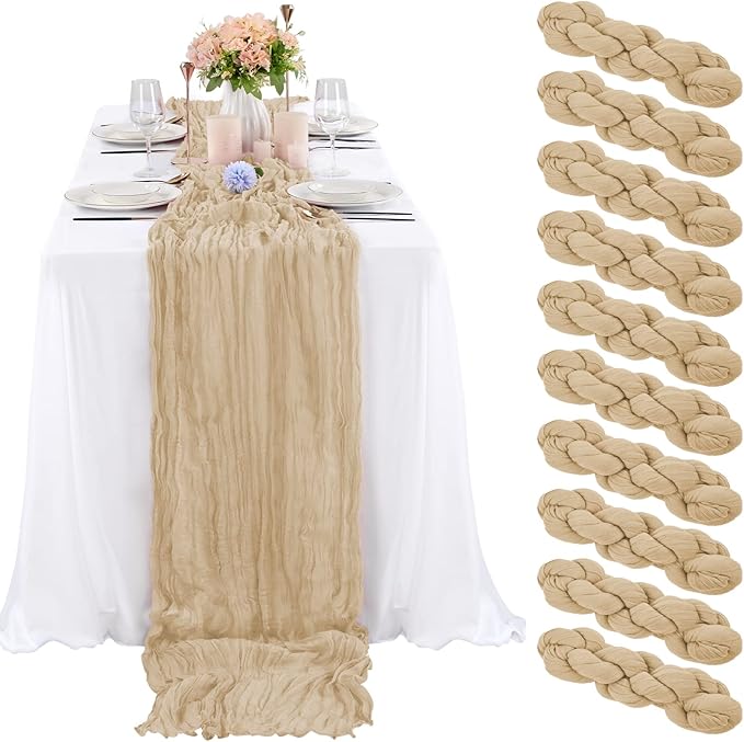 10 Pcs Beige Cheesecloth Table Runner 10FT, Gauze Table Runner for Wedding Reception Sheer Bridal Shower Birthday Party Boho Table Decoration, Rustic Romantic Wedding Runner