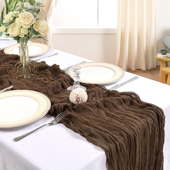 12 Pack 10FT Brown Cheesecloth Table Runner 120 Inch Long Gauze Rustic Boho Spring Cheese Cloth Table Runner Sheer Fabric Decorations for Holiday Party Wedding Banquet Bridal Baby Shower Décor